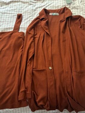 Free People Rust Burnt Orange Ribbed Mini Dress & Cardigan Set